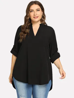 Plain Long Sleeve Notched Asymmetrical Long Plus Size Blouse