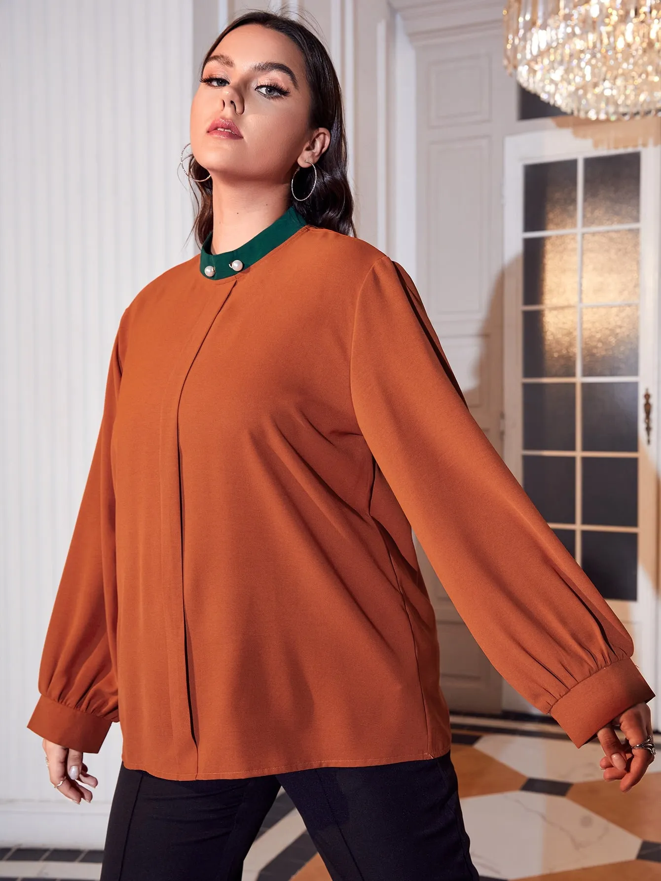 Plain Pearls Long Sleeve Stand Collar Regular Plus Size Blouse