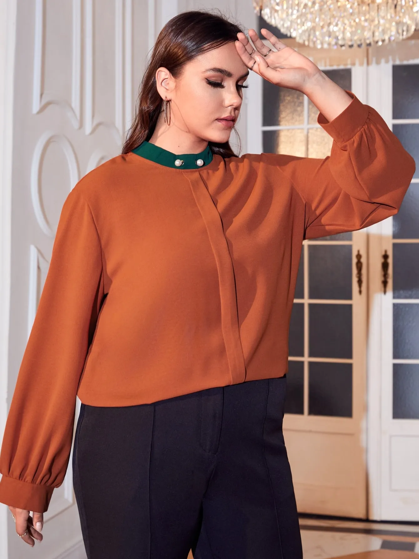 Plain Pearls Long Sleeve Stand Collar Regular Plus Size Blouse