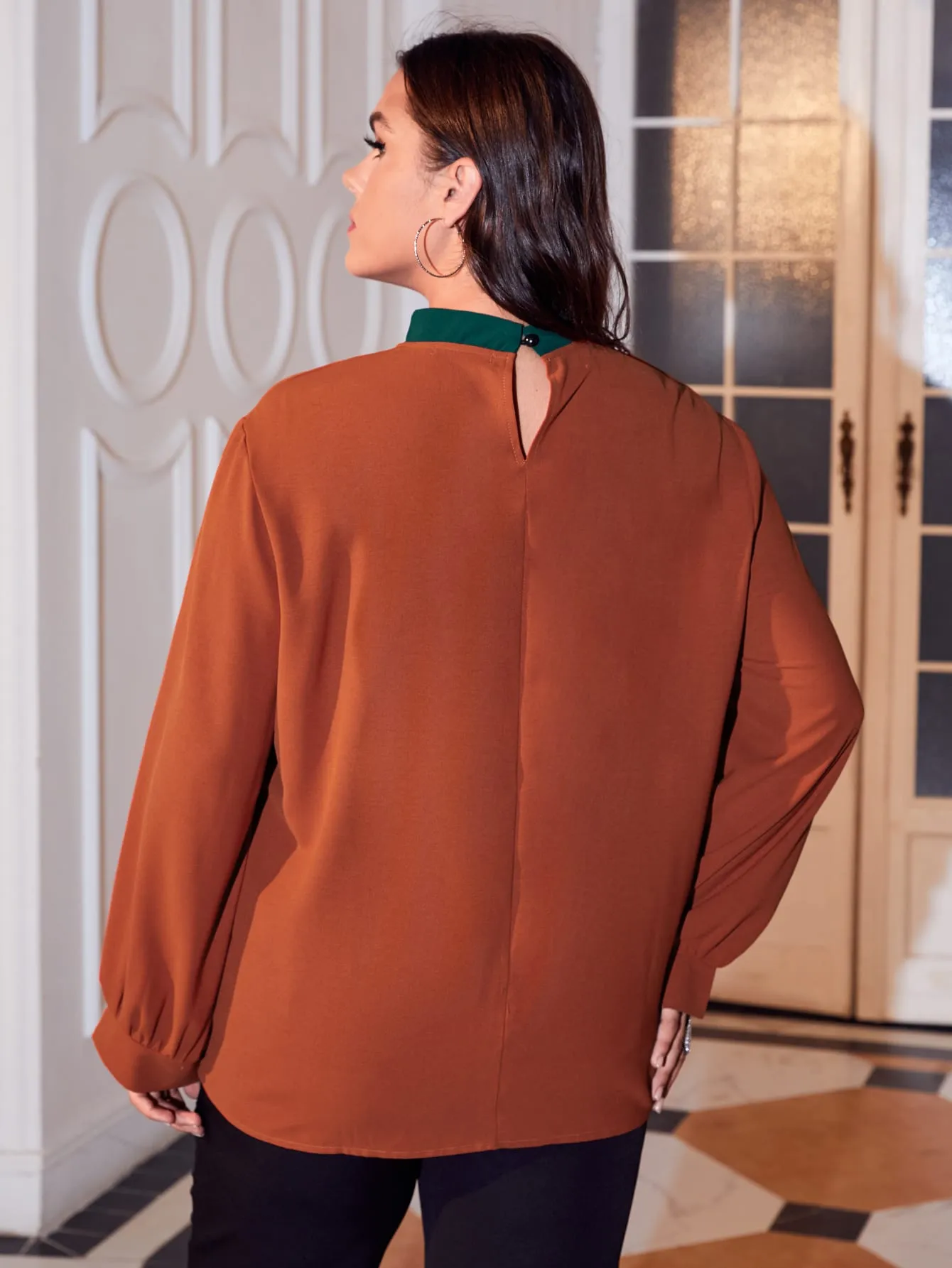 Plain Pearls Long Sleeve Stand Collar Regular Plus Size Blouse
