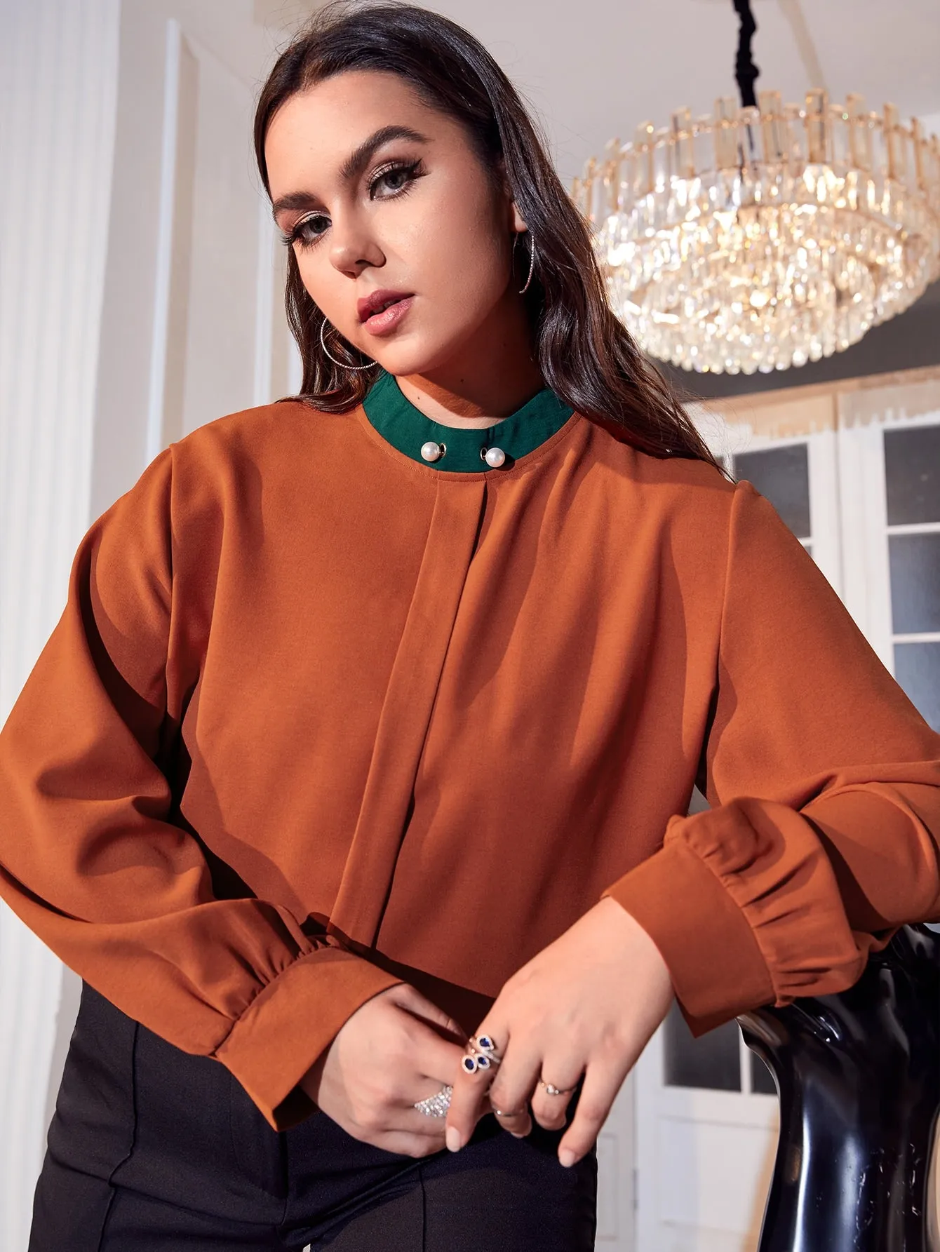 Plain Pearls Long Sleeve Stand Collar Regular Plus Size Blouse
