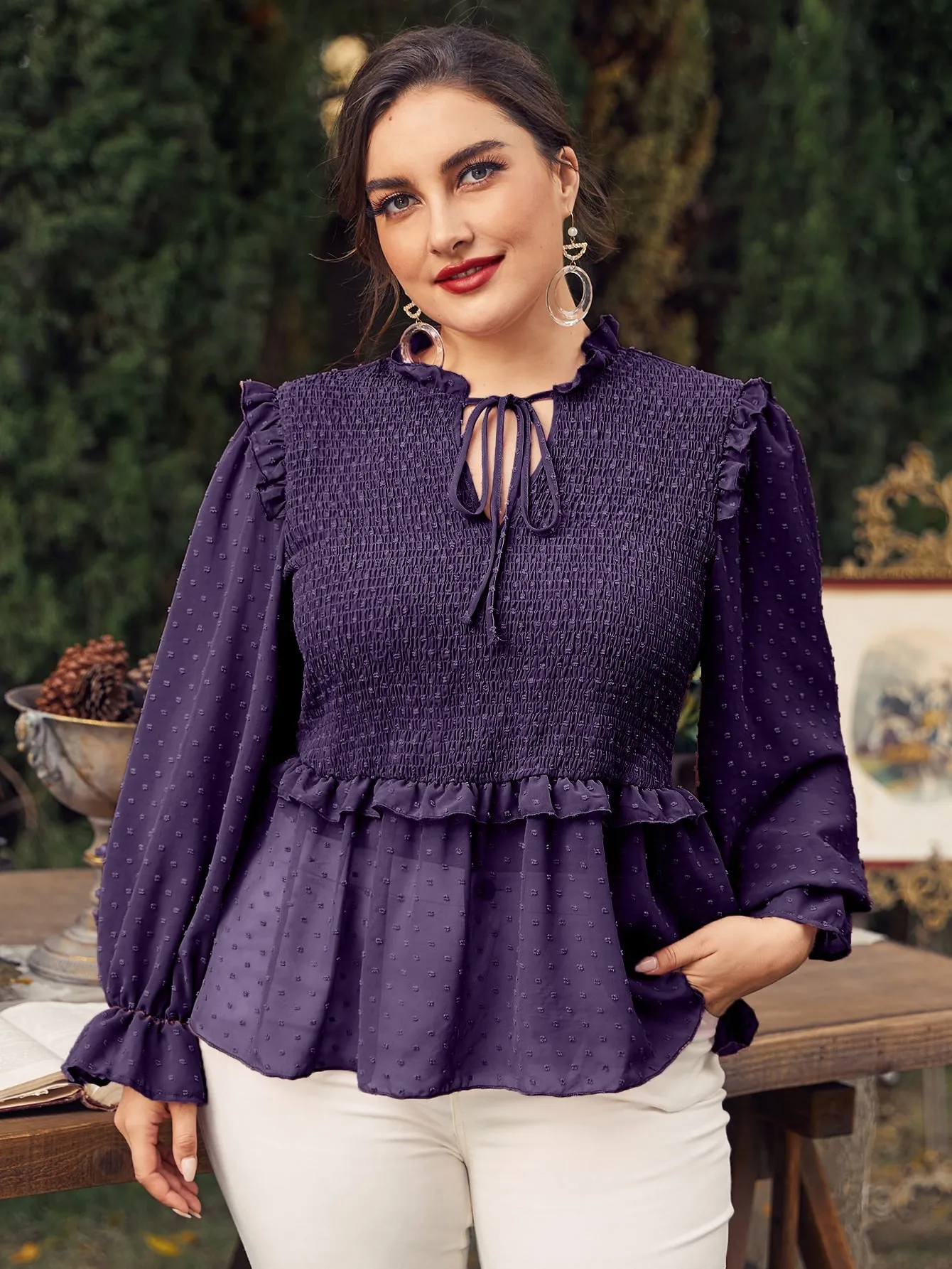 Plain Shirred Long Sleeve Tie Neck Regular Plus Size Blouse