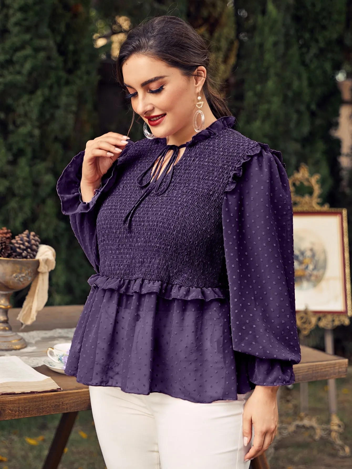 Plain Shirred Long Sleeve Tie Neck Regular Plus Size Blouse