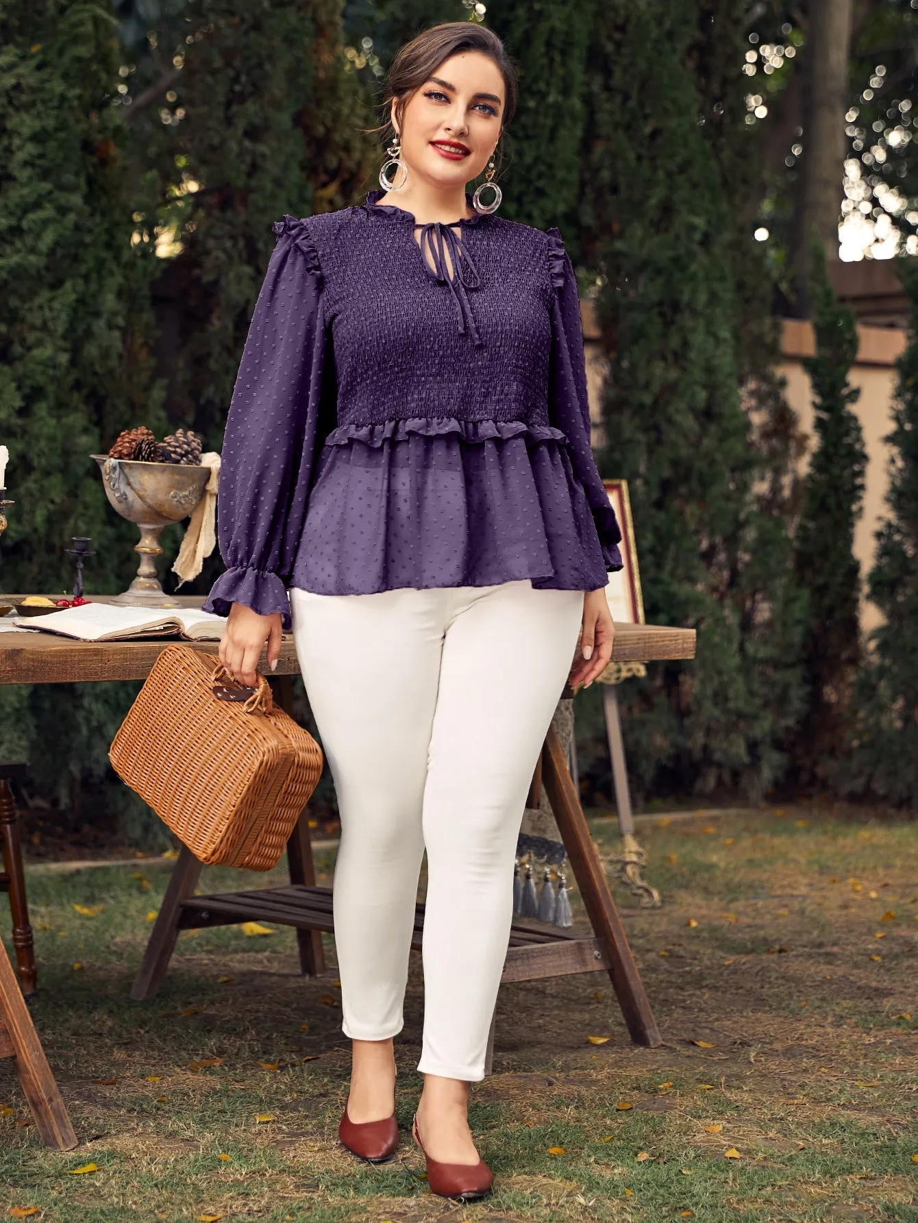 Plain Shirred Long Sleeve Tie Neck Regular Plus Size Blouse