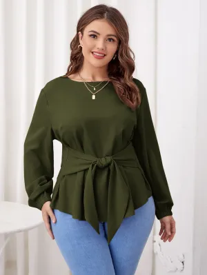 Plain Tie Front Long Sleeve Round Neck Asymmetrical Regular Plus Size Blouse