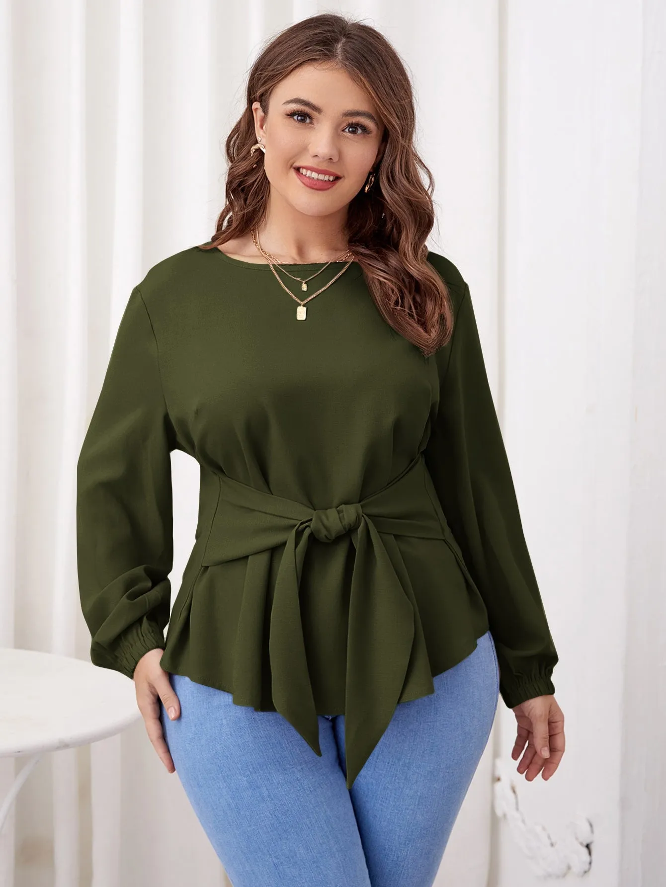 Plain Tie Front Long Sleeve Round Neck Asymmetrical Regular Plus Size Blouse