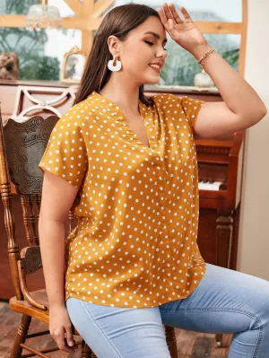 Polka Dot High Low Short Sleeve Notched Asymmetrical Long Plus Size Blouse