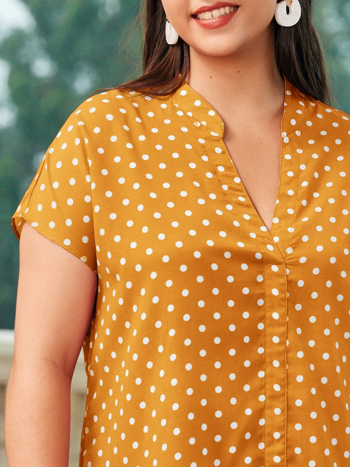 Polka Dot High Low Short Sleeve Notched Asymmetrical Long Plus Size Blouse