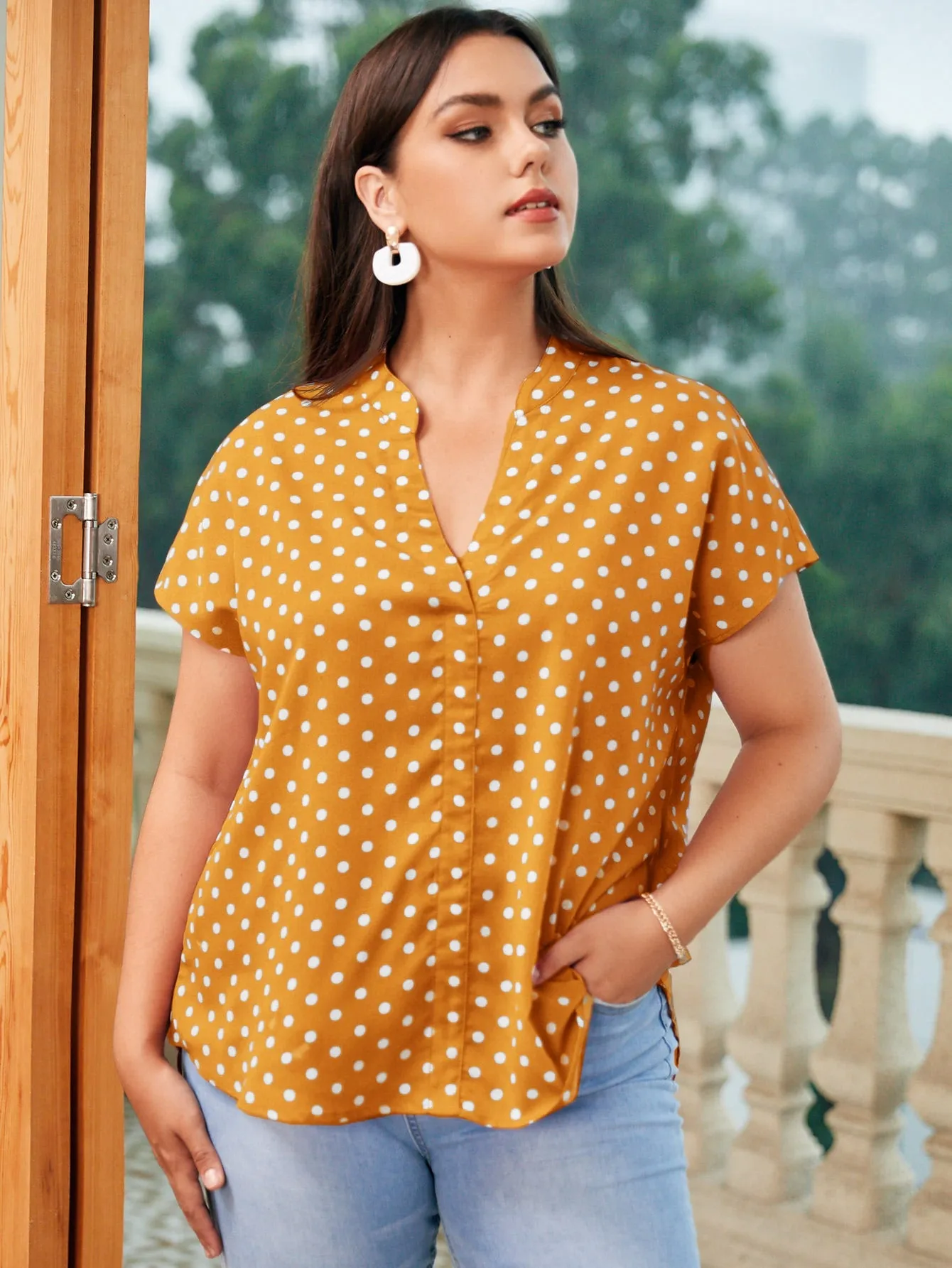 Polka Dot High Low Short Sleeve Notched Asymmetrical Long Plus Size Blouse
