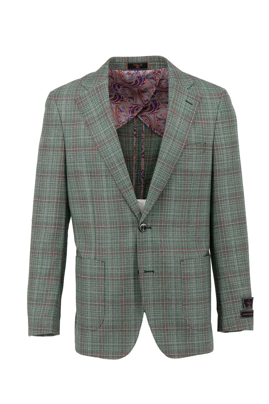 Sage Green with Wine Windowpane Dolcetto/THP Modern Fit half lined, Pure Wool Jacket by Tiglio Luxe