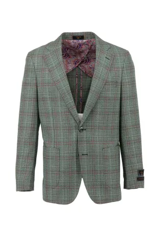Sage Green with Wine Windowpane Dolcetto/THP Modern Fit half lined, Pure Wool Jacket by Tiglio Luxe