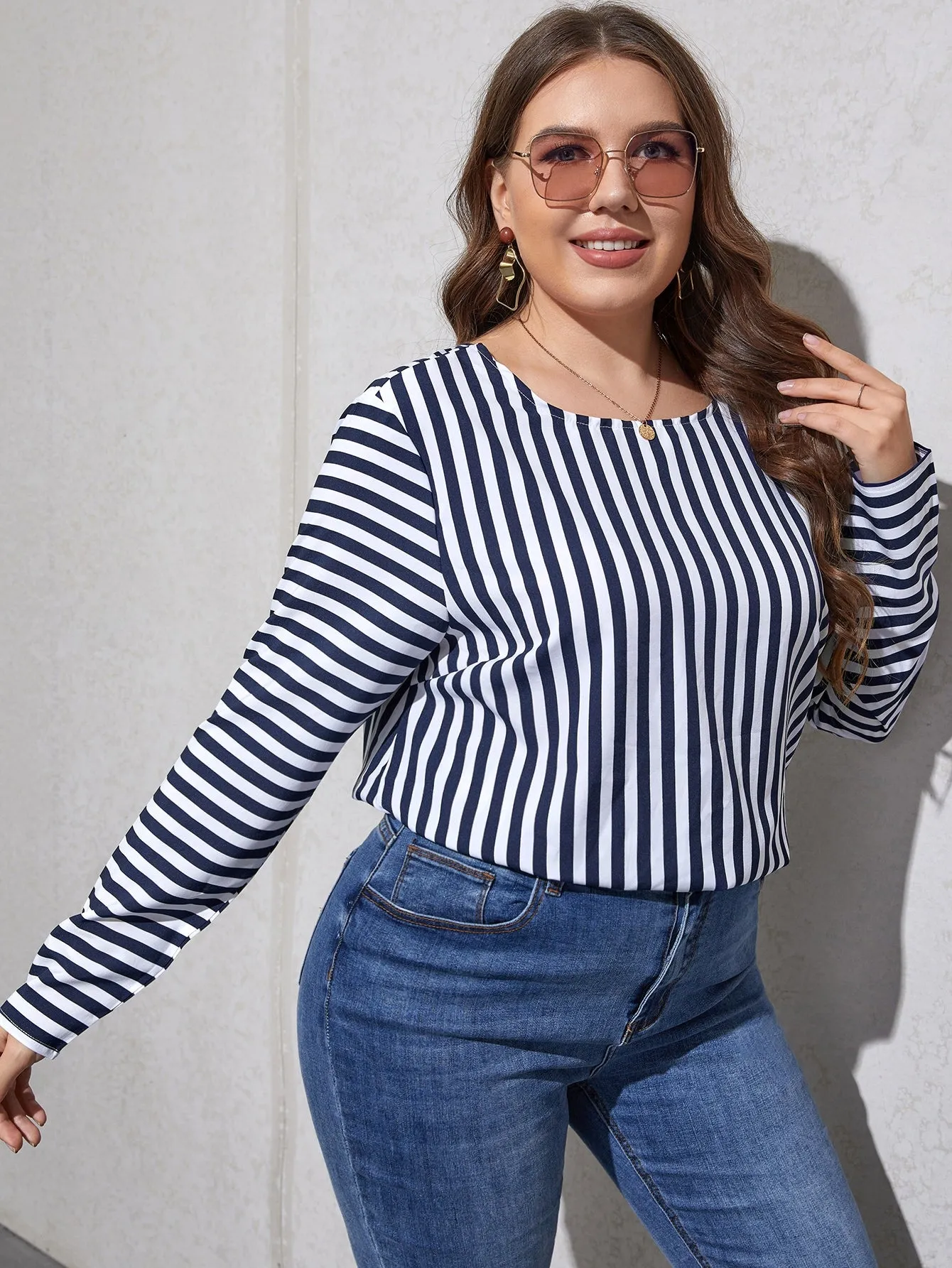 Striped Contrast Lace Long Sleeve Round Neck Regular Plus Size Blouse