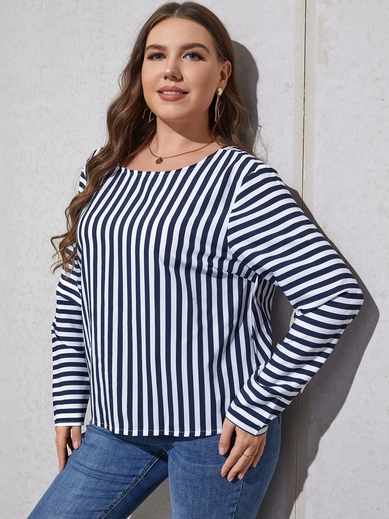 Striped Contrast Lace Long Sleeve Round Neck Regular Plus Size Blouse