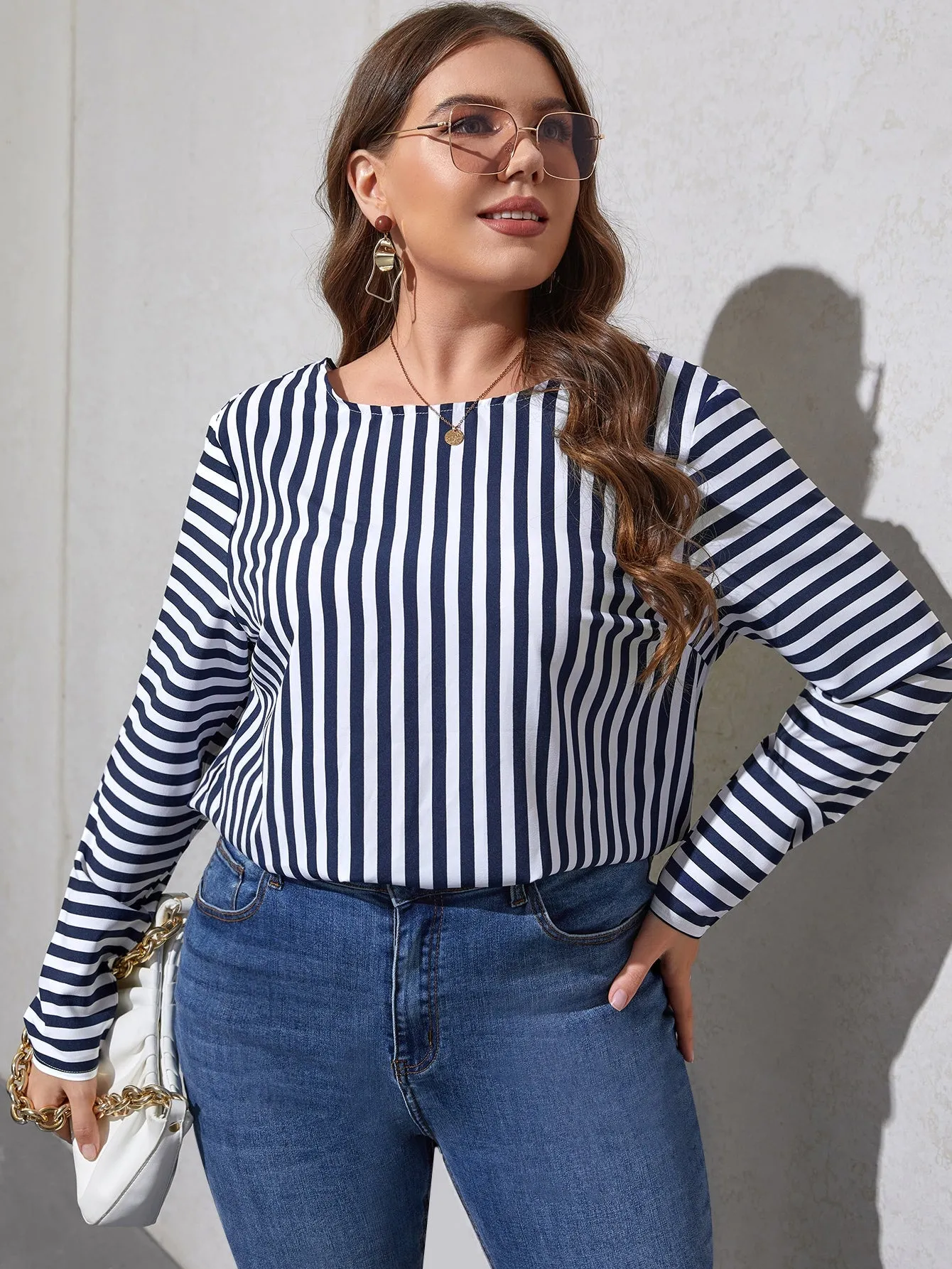 Striped Contrast Lace Long Sleeve Round Neck Regular Plus Size Blouse