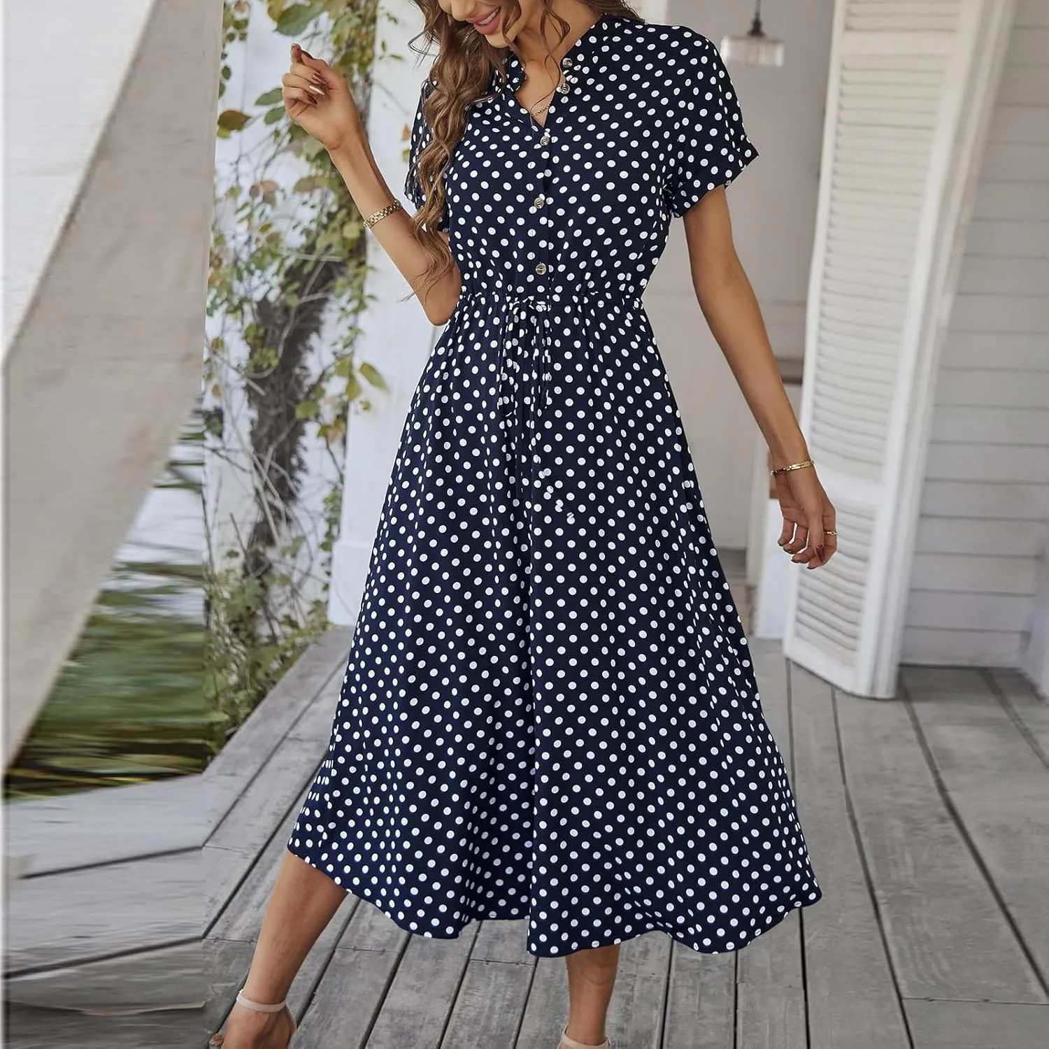 Summer Midi Dresses for Women 2025 Polka Dot Trendy Button Down V Neck Short Sleeve Tie Empire Waist A Line Dresses Frocks