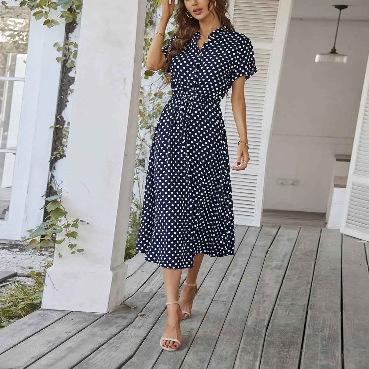 Summer Midi Dresses for Women 2025 Polka Dot Trendy Button Down V Neck Short Sleeve Tie Empire Waist A Line Dresses Frocks