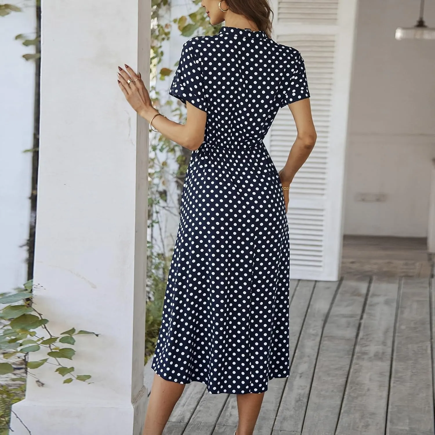 Summer Midi Dresses for Women 2025 Polka Dot Trendy Button Down V Neck Short Sleeve Tie Empire Waist A Line Dresses Frocks