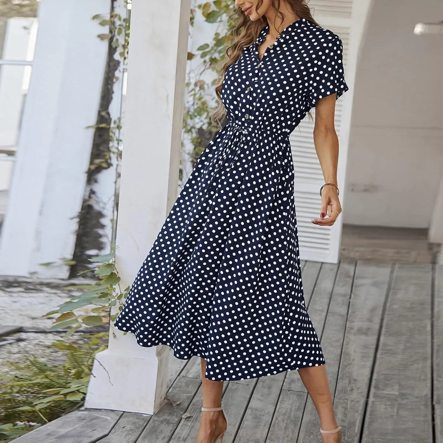 Summer Midi Dresses for Women 2025 Polka Dot Trendy Button Down V Neck Short Sleeve Tie Empire Waist A Line Dresses Frocks