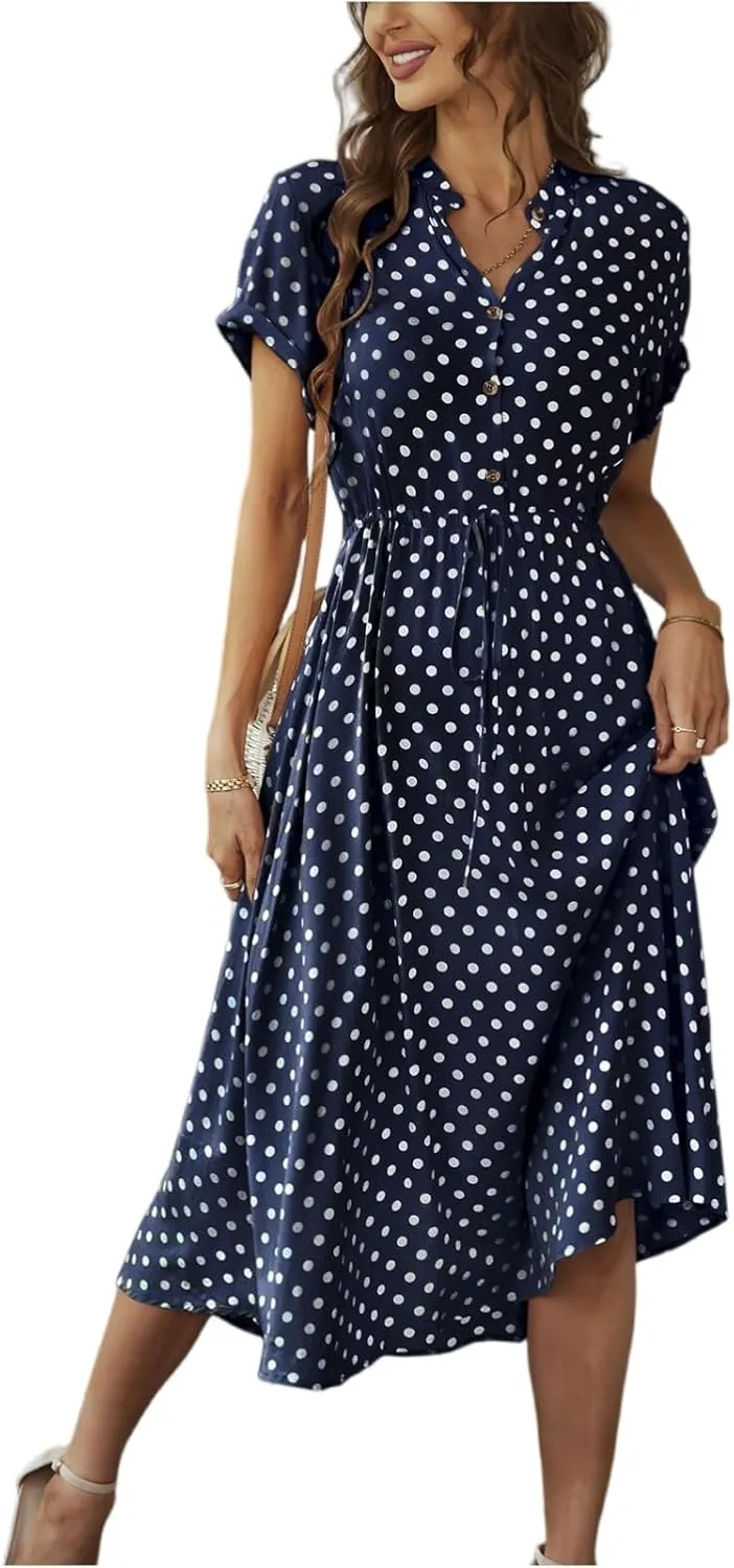 Summer Midi Dresses for Women 2025 Polka Dot Trendy Button Down V Neck Short Sleeve Tie Empire Waist A Line Dresses Frocks