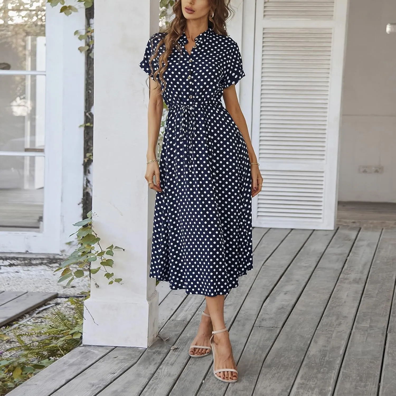 Summer Midi Dresses for Women 2025 Polka Dot Trendy Button Down V Neck Short Sleeve Tie Empire Waist A Line Dresses Frocks