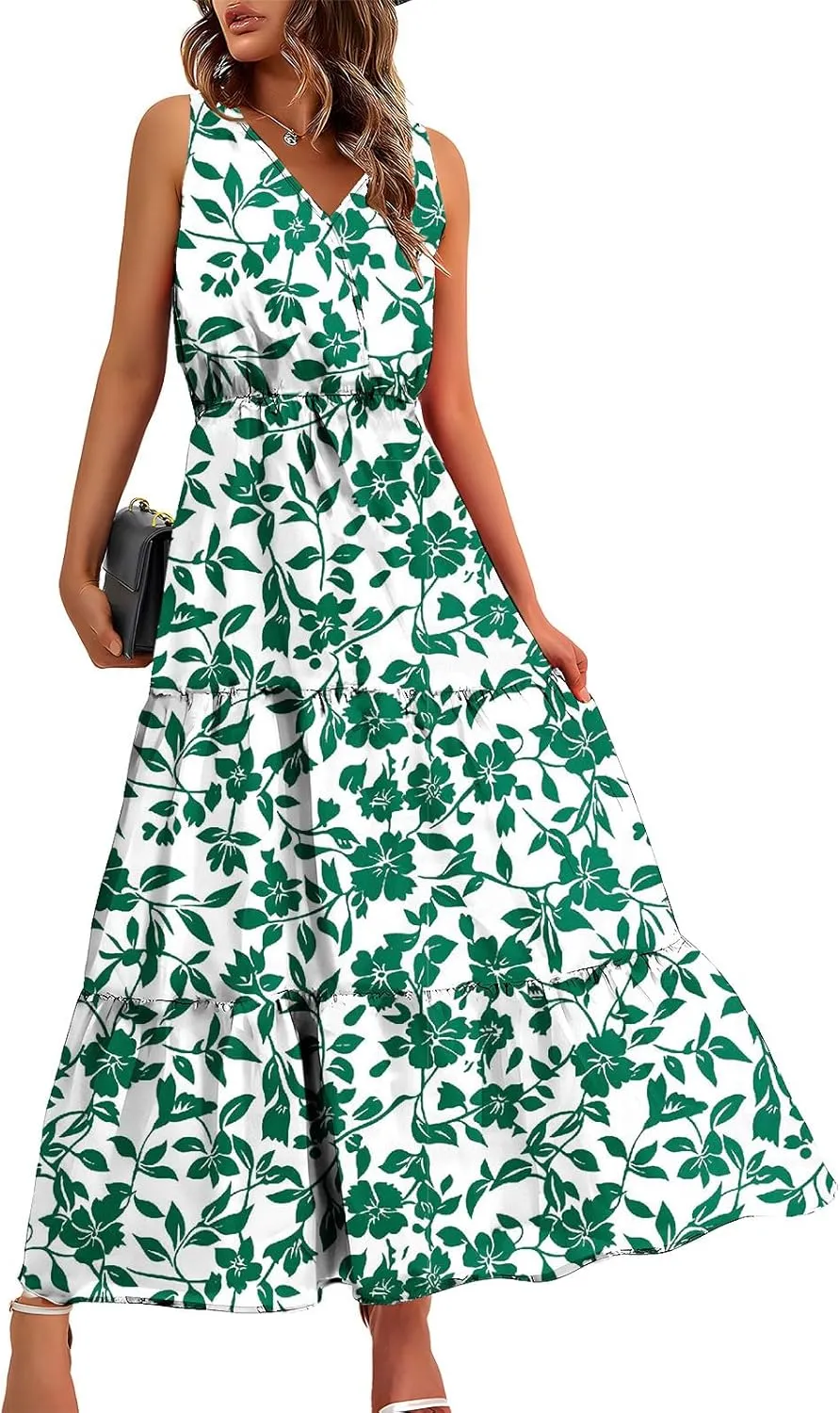 TANGNADE Women Summer Dresses Casual Sleeveless Maxi Dresses V Neck Cute Long Dress Wedding Guest Dress