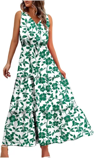 TANGNADE Women Summer Dresses Casual Sleeveless Maxi Dresses V Neck Cute Long Dress Wedding Guest Dress