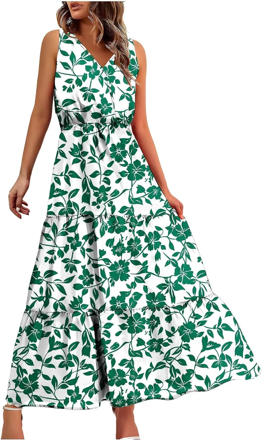 TANGNADE Women Summer Dresses Casual Sleeveless Maxi Dresses V Neck Cute Long Dress Wedding Guest Dress