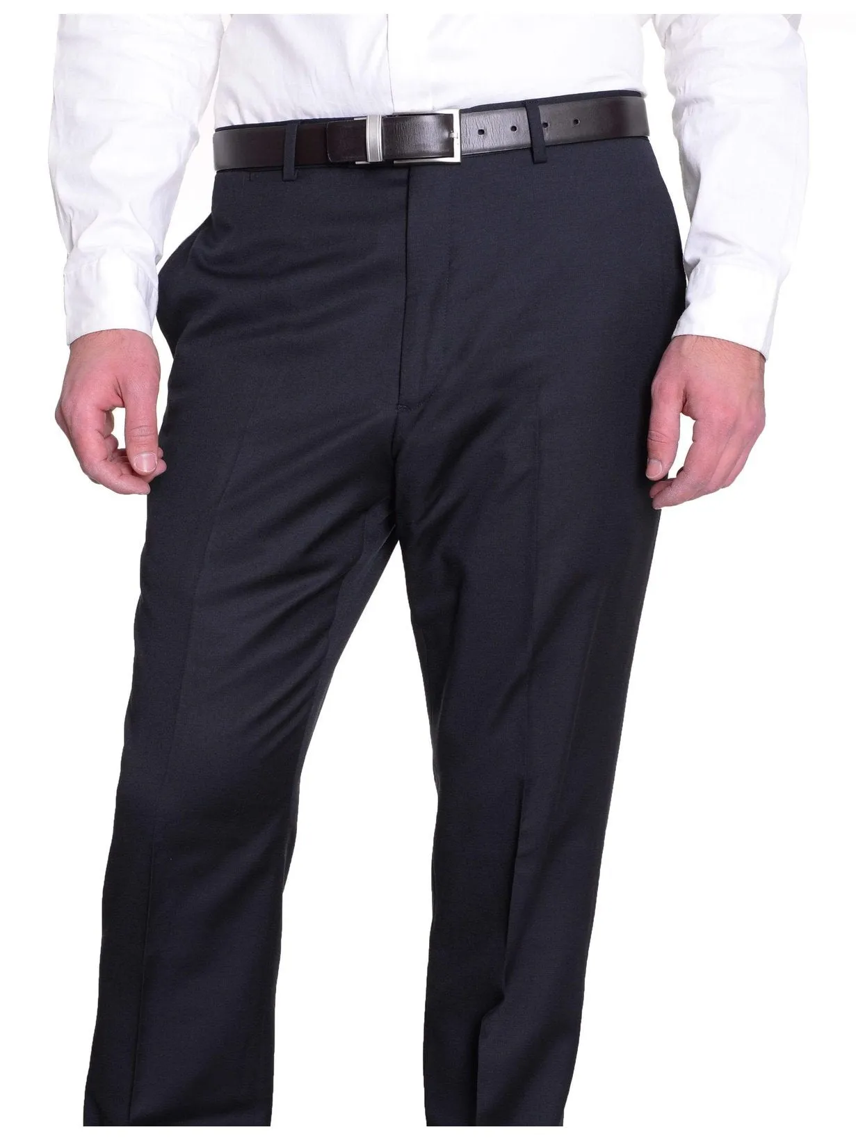 Tommy Hilfiger Mens Trim Fit Solid Navy Blue Flat Front Worsted Wool Dress Pants