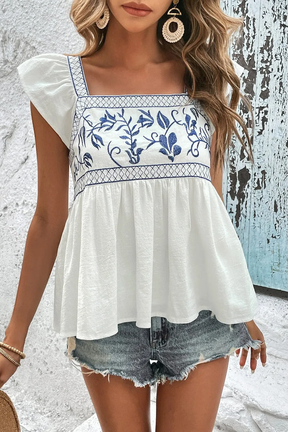 White Embroidered Bodice Square Neck Peplum Blouse