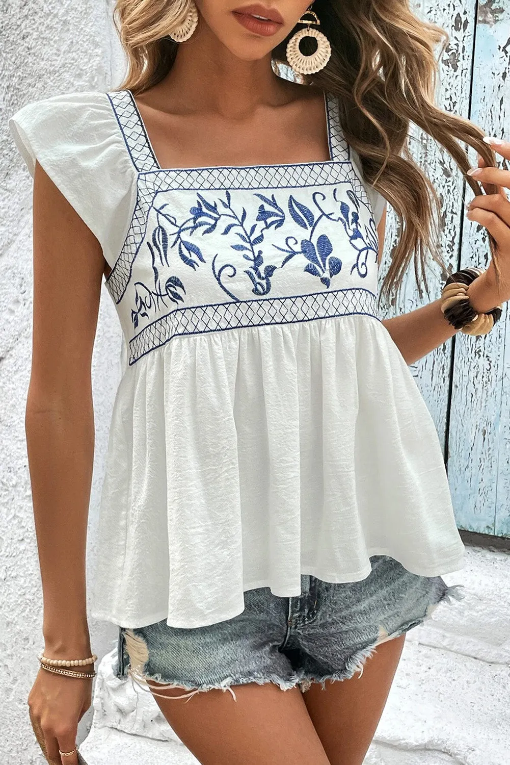 White Embroidered Bodice Square Neck Peplum Blouse