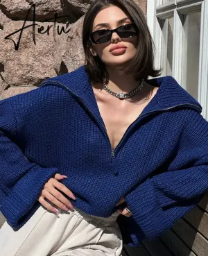 Winter Women's Turtleneck Sweaters Polo Collar With Zipper Knitted Pullover Female Loose Long Sleeve Top Warm Sweaters