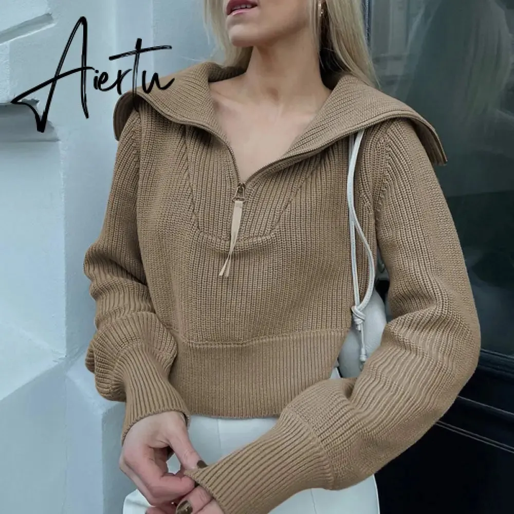 Winter Women's Turtleneck Sweaters Polo Collar With Zipper Knitted Pullover Female Loose Long Sleeve Top Warm Sweaters