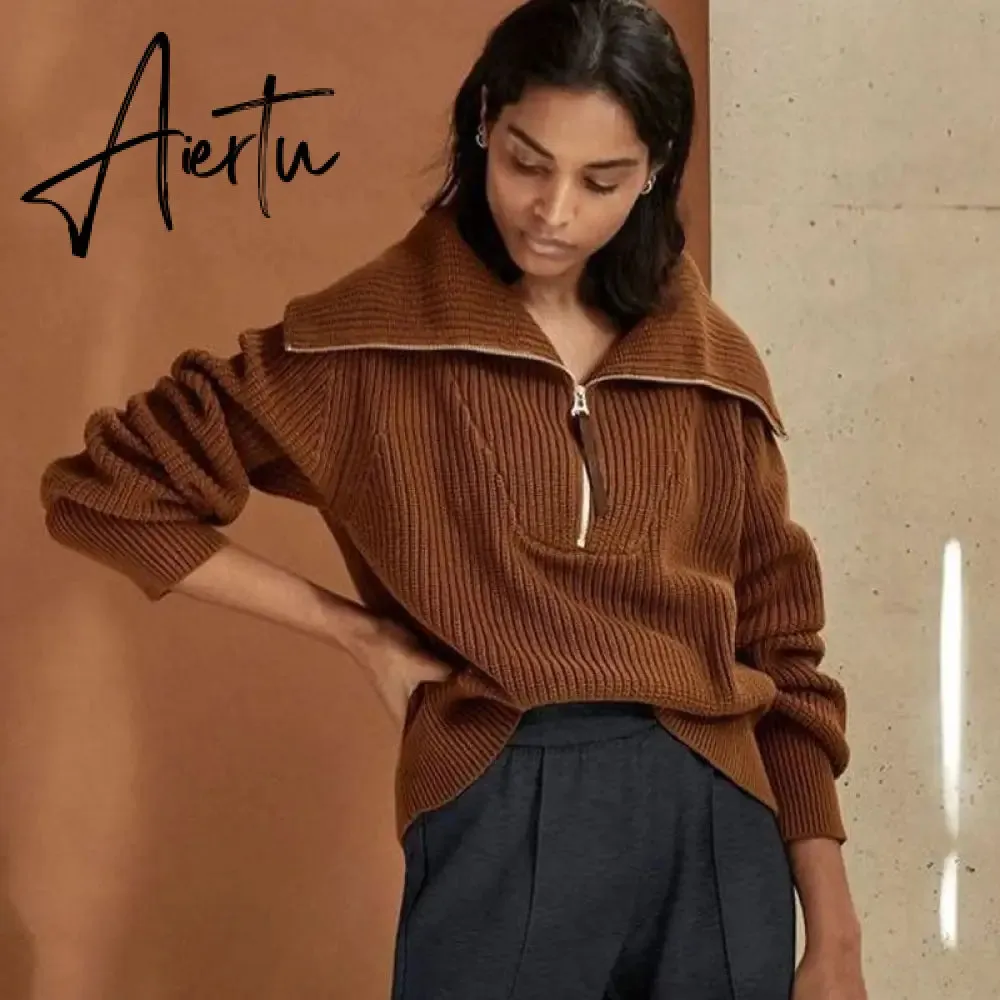 Winter Women's Turtleneck Sweaters Polo Collar With Zipper Knitted Pullover Female Loose Long Sleeve Top Warm Sweaters