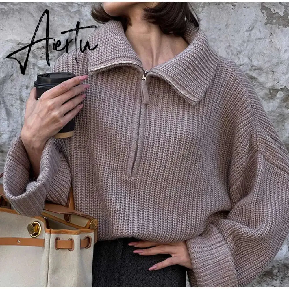 Winter Women's Turtleneck Sweaters Polo Collar With Zipper Knitted Pullover Female Loose Long Sleeve Top Warm Sweaters
