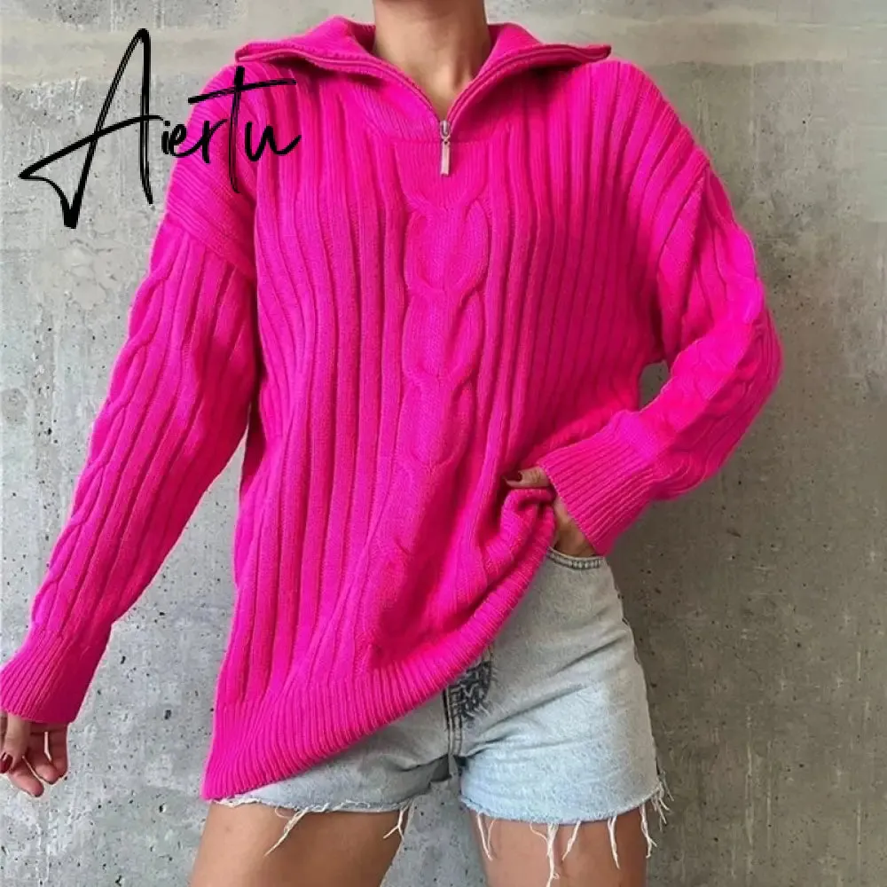 Winter Women's Turtleneck Sweaters Polo Collar With Zipper Knitted Pullover Female Loose Long Sleeve Top Warm Sweaters