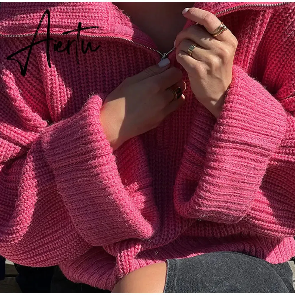 Winter Women's Turtleneck Sweaters Polo Collar With Zipper Knitted Pullover Female Loose Long Sleeve Top Warm Sweaters