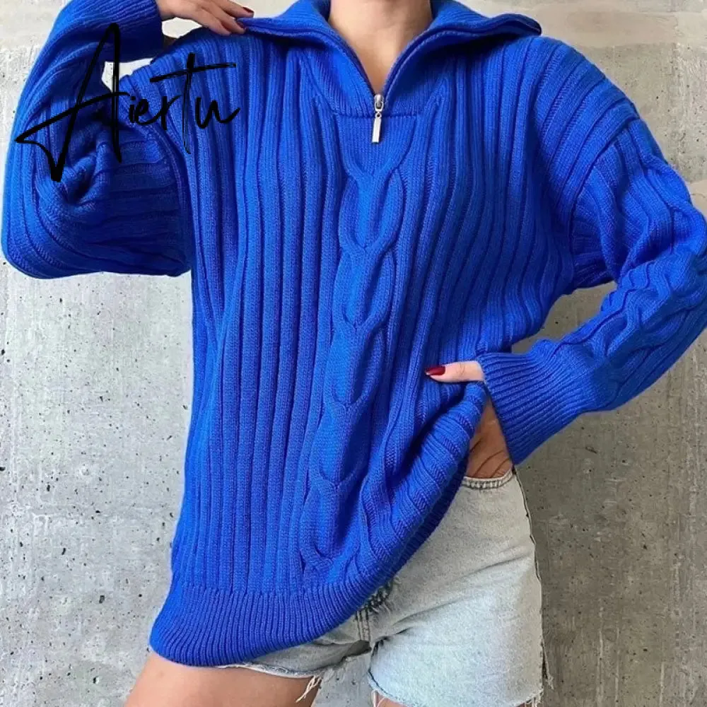 Winter Women's Turtleneck Sweaters Polo Collar With Zipper Knitted Pullover Female Loose Long Sleeve Top Warm Sweaters