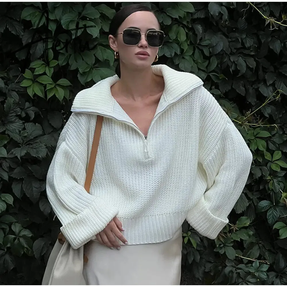 Winter Women's Turtleneck Sweaters Polo Collar With Zipper Knitted Pullover Female Loose Long Sleeve Top Warm Sweaters