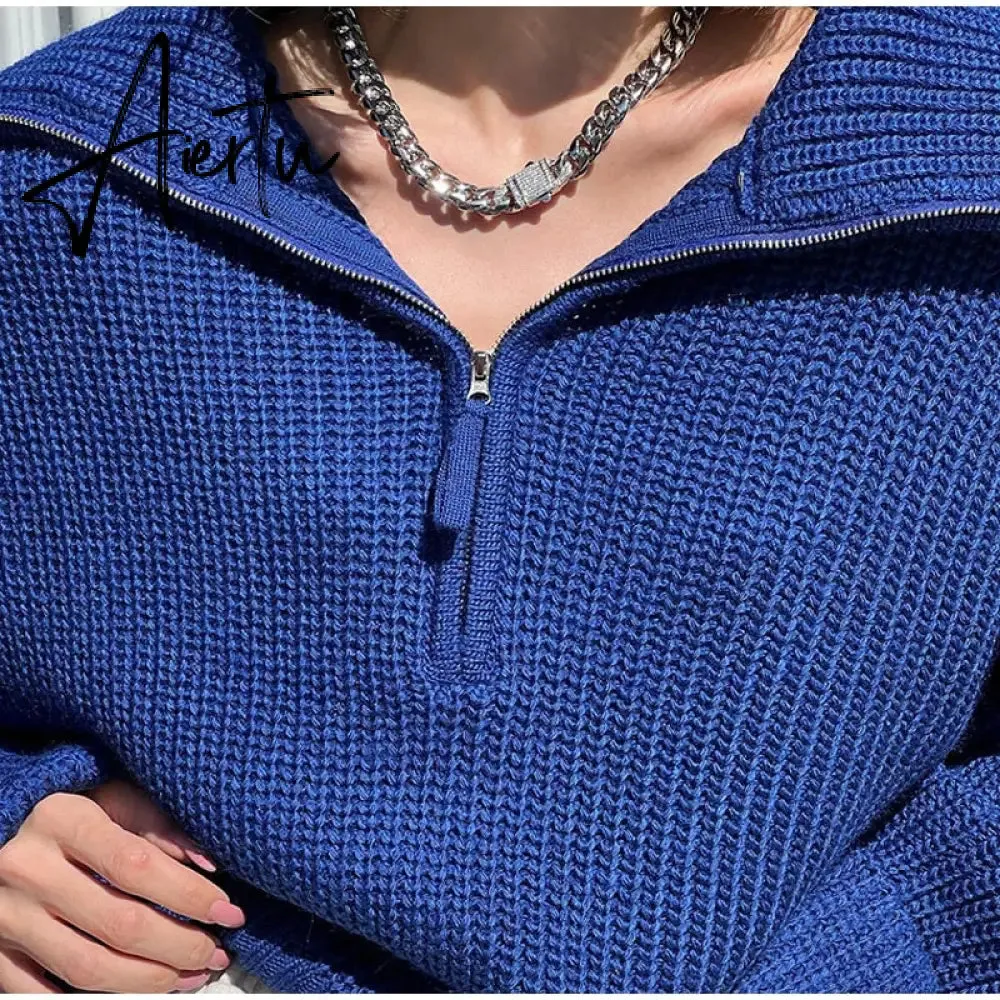 Winter Women's Turtleneck Sweaters Polo Collar With Zipper Knitted Pullover Female Loose Long Sleeve Top Warm Sweaters