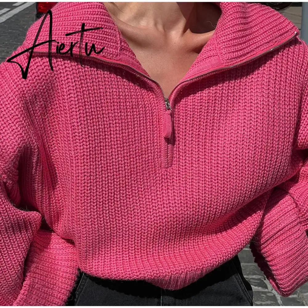 Winter Women's Turtleneck Sweaters Polo Collar With Zipper Knitted Pullover Female Loose Long Sleeve Top Warm Sweaters