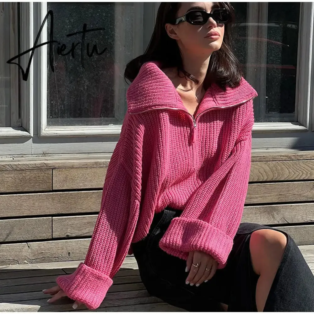 Winter Women's Turtleneck Sweaters Polo Collar With Zipper Knitted Pullover Female Loose Long Sleeve Top Warm Sweaters