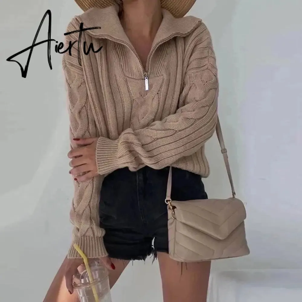 Winter Women's Turtleneck Sweaters Polo Collar With Zipper Knitted Pullover Female Loose Long Sleeve Top Warm Sweaters