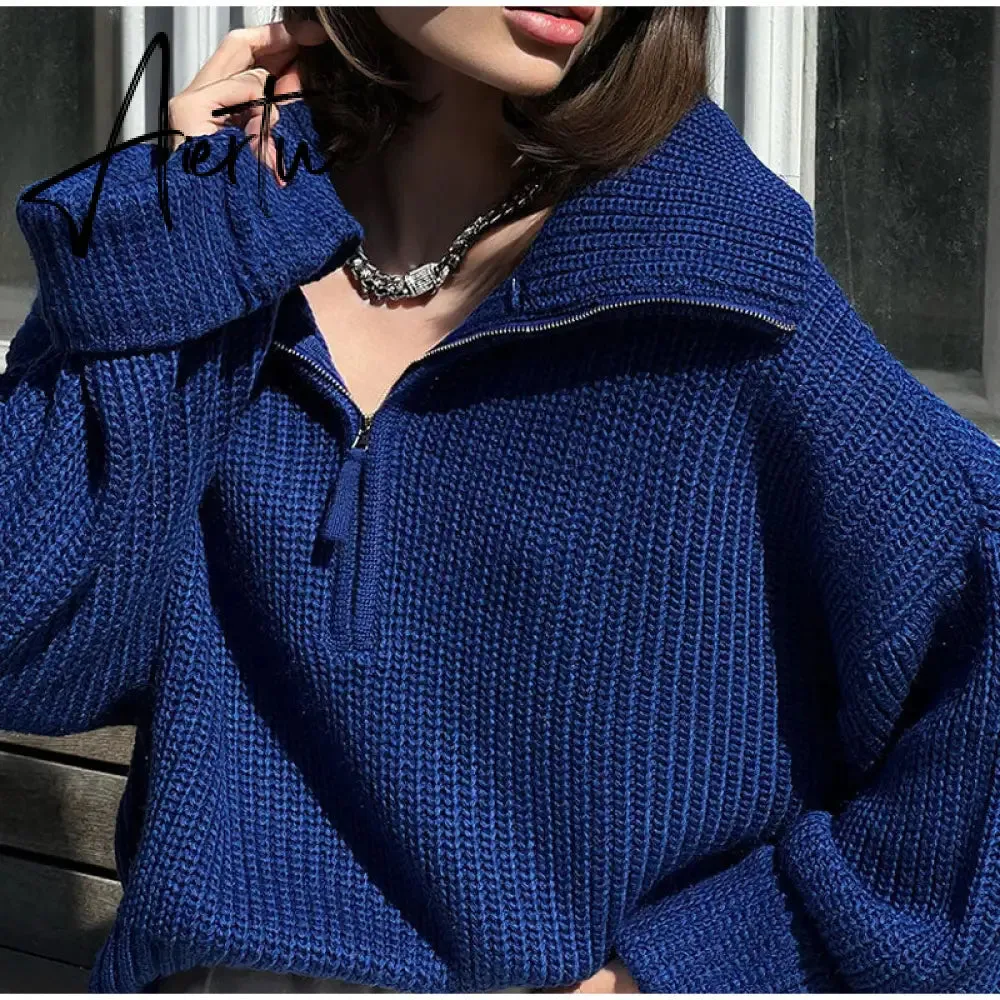 Winter Women's Turtleneck Sweaters Polo Collar With Zipper Knitted Pullover Female Loose Long Sleeve Top Warm Sweaters