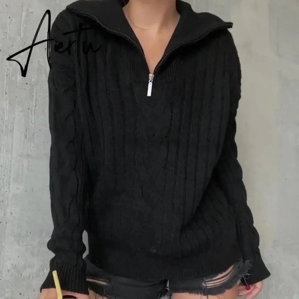 Winter Women's Turtleneck Sweaters Polo Collar With Zipper Knitted Pullover Female Loose Long Sleeve Top Warm Sweaters