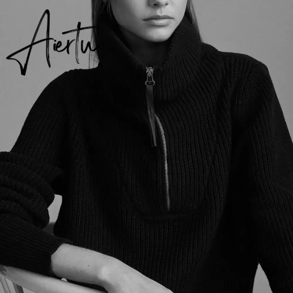 Winter Women's Turtleneck Sweaters Polo Collar With Zipper Knitted Pullover Female Loose Long Sleeve Top Warm Sweaters