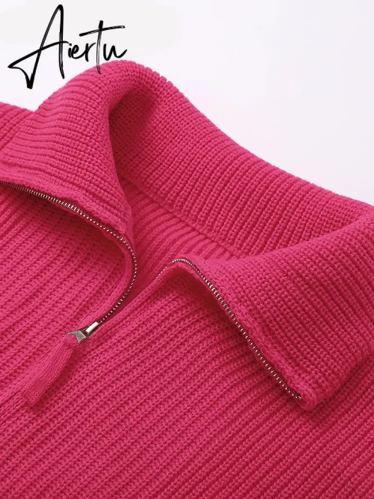 Winter Women's Turtleneck Sweaters Polo Collar With Zipper Knitted Pullover Female Loose Long Sleeve Top Warm Sweaters