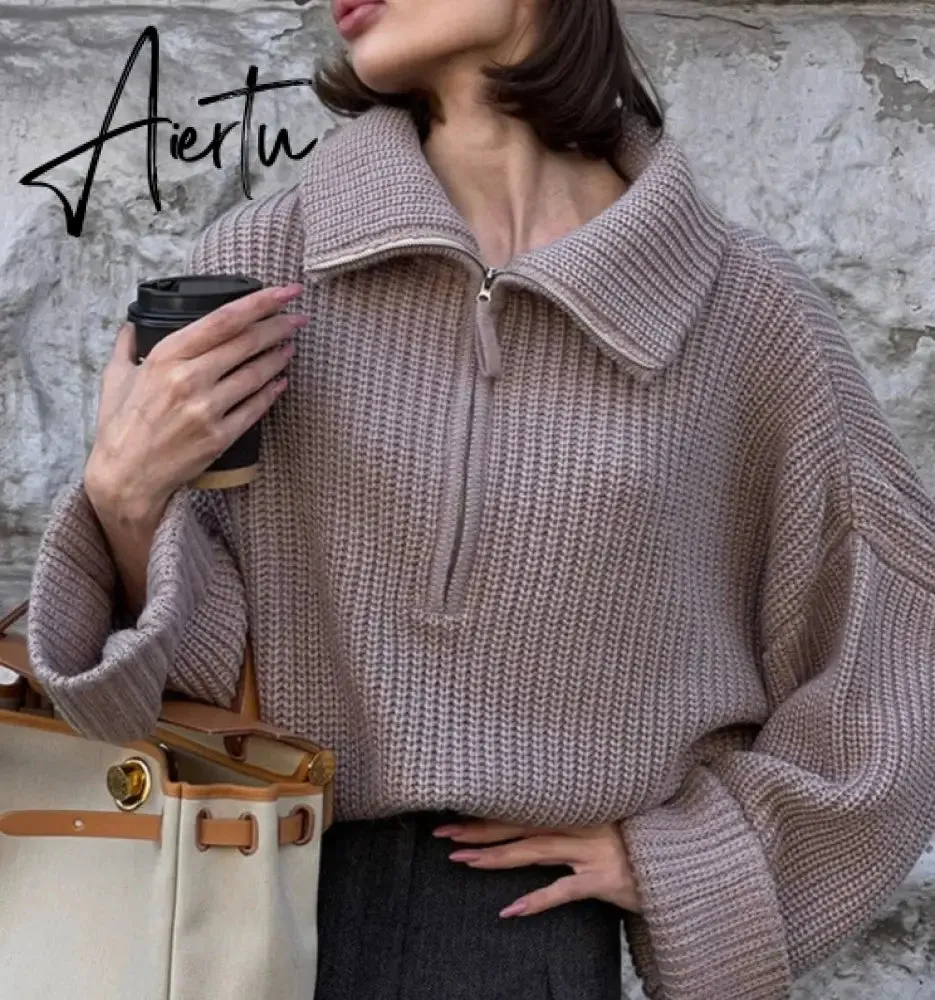 Winter Women's Turtleneck Sweaters Polo Collar With Zipper Knitted Pullover Female Loose Long Sleeve Top Warm Sweaters