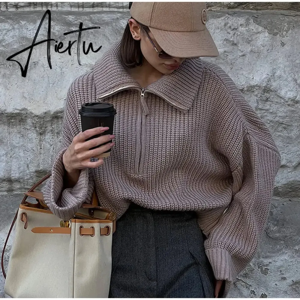 Winter Women's Turtleneck Sweaters Polo Collar With Zipper Knitted Pullover Female Loose Long Sleeve Top Warm Sweaters