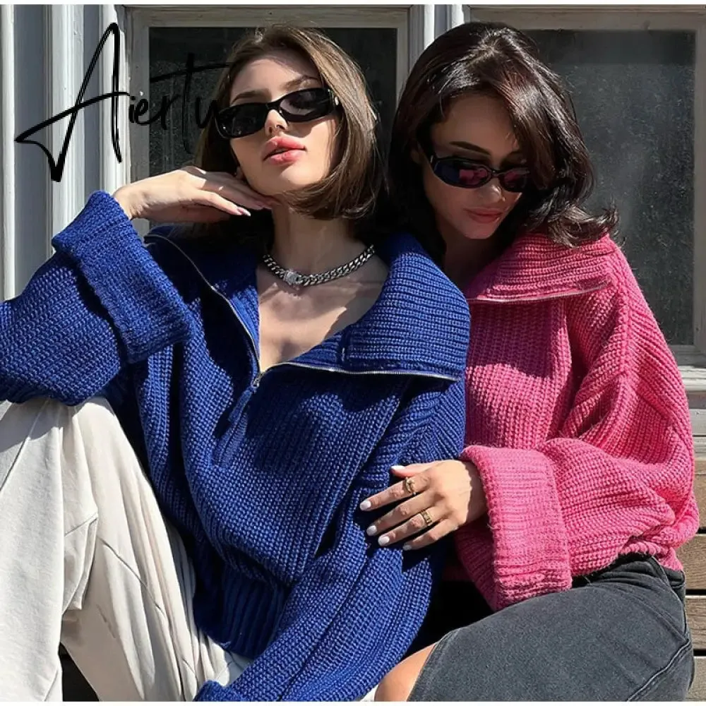 Winter Women's Turtleneck Sweaters Polo Collar With Zipper Knitted Pullover Female Loose Long Sleeve Top Warm Sweaters