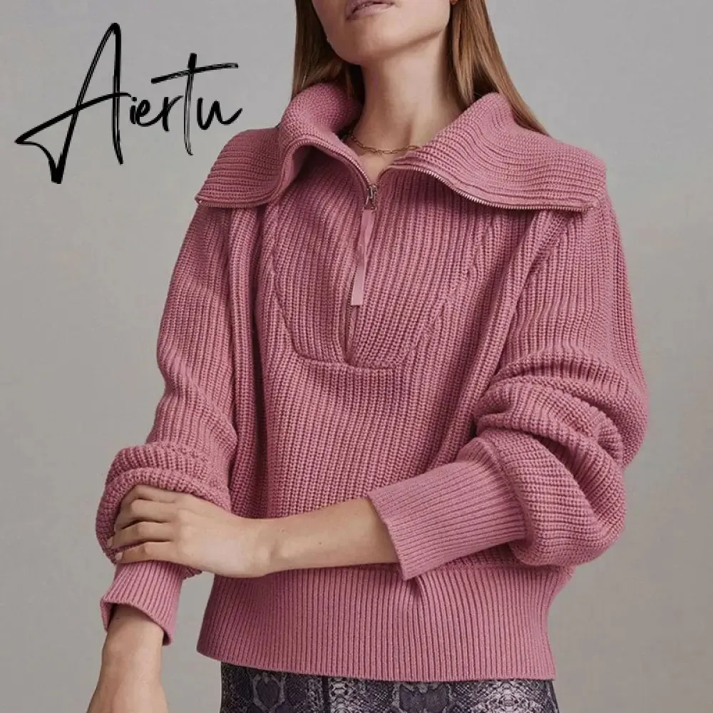Winter Women's Turtleneck Sweaters Polo Collar With Zipper Knitted Pullover Female Loose Long Sleeve Top Warm Sweaters